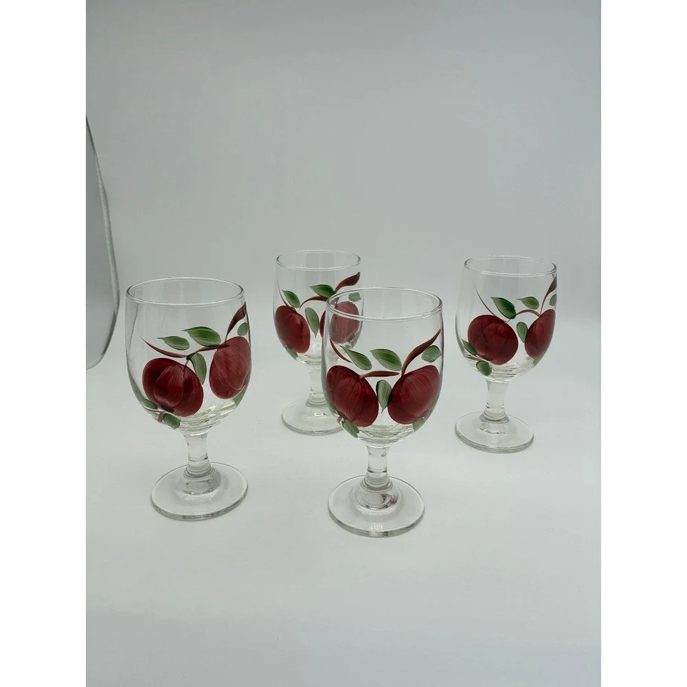 Vintage Hand Painted Apple Wine Glasses Set of 4 Red Fruit Motif Goblets